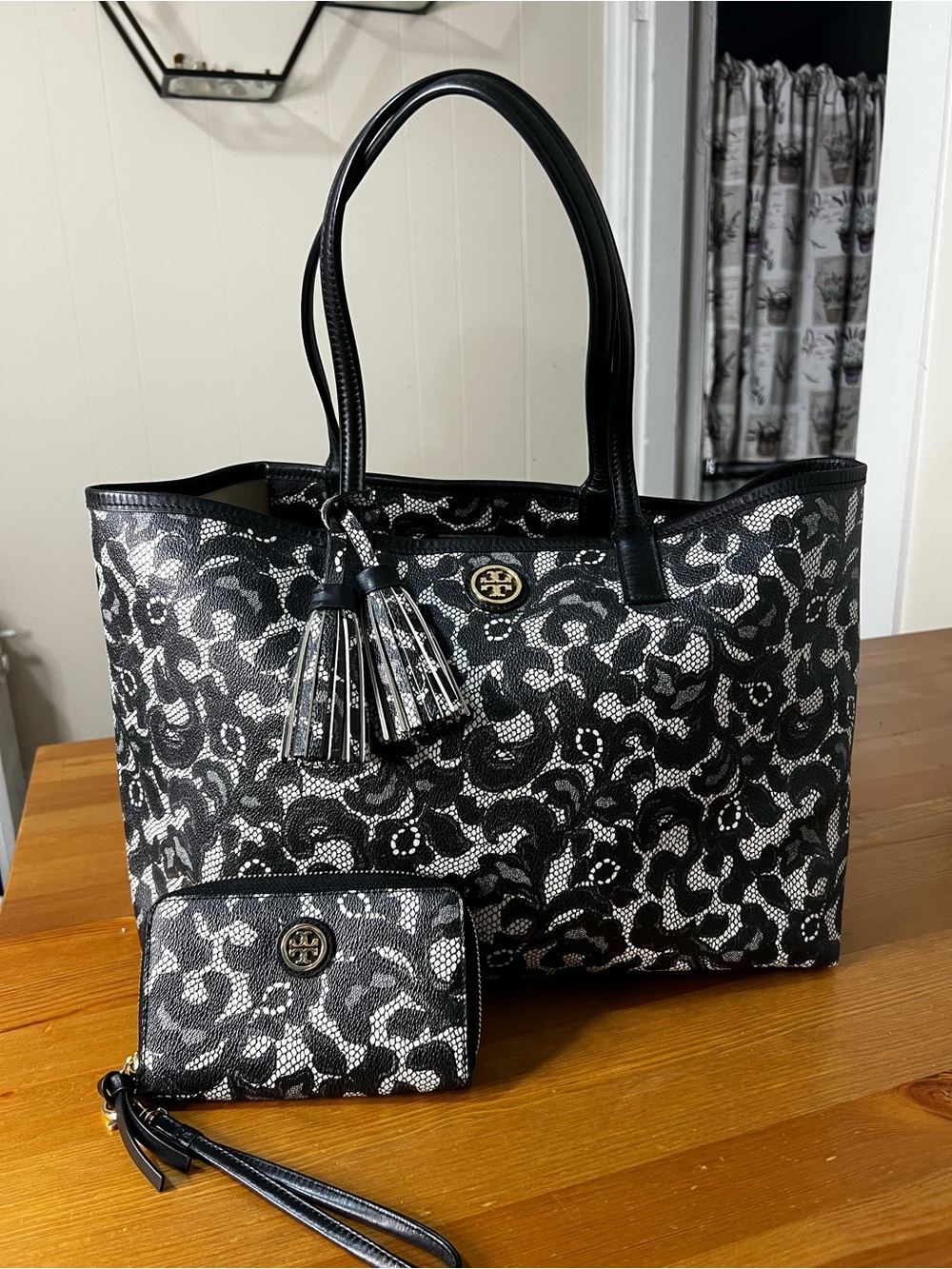 Tory Burch Black and White Lace-Print Tote with Wristlet